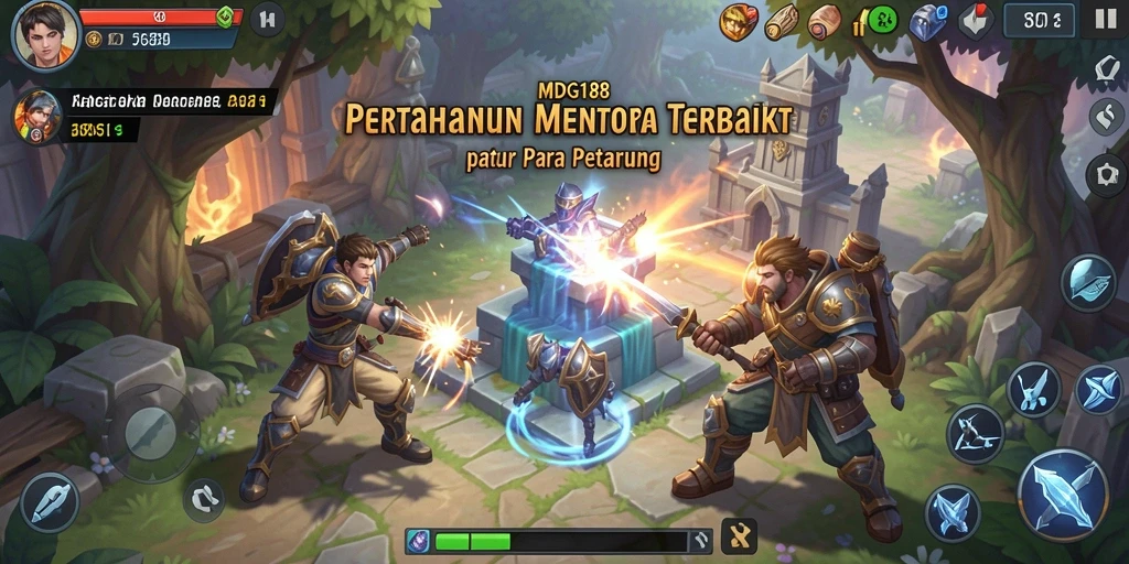 Screenshot gameplay MDG188 menampilkan tower dan musuh dalam pertempuran dinamis.