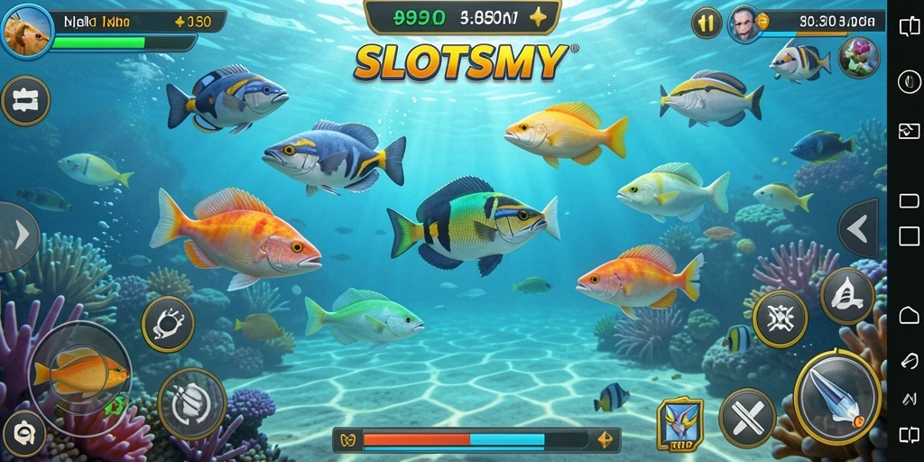 Tangkapan layar permainan SLOTSMY yang menunjukkan aksi menangkap ikan.